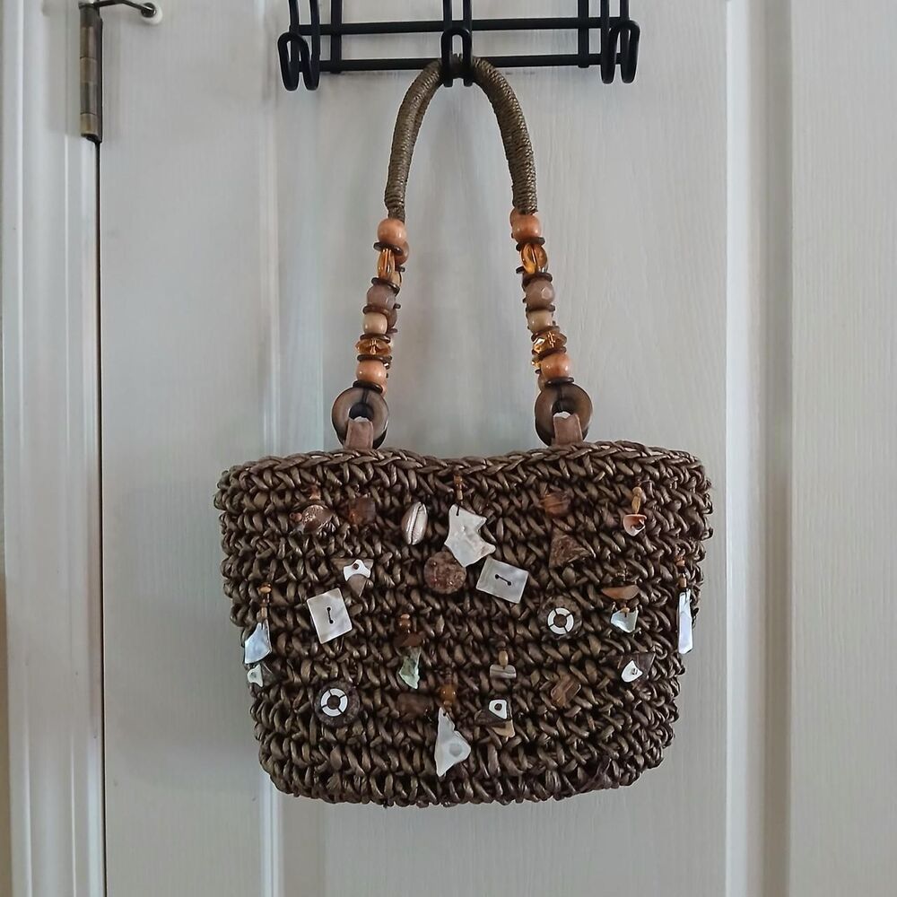 Coastal Y2K Vintage Cappelli Brown Woven Straw Handbag Seashells Beads Boho